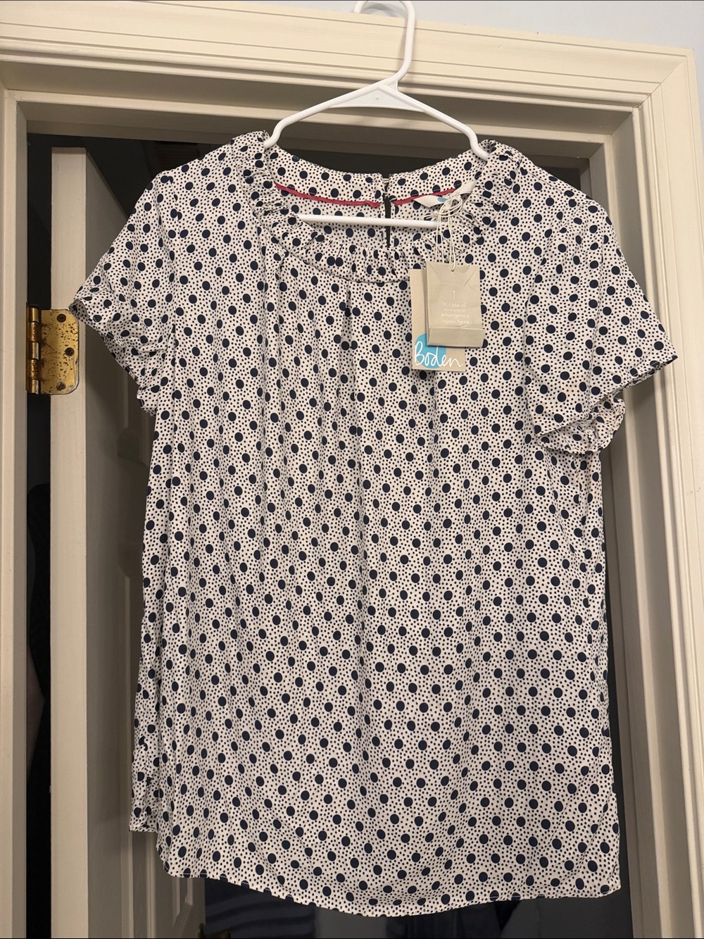 Boden White Short Sleeve Blouse with Navy Polka Dots